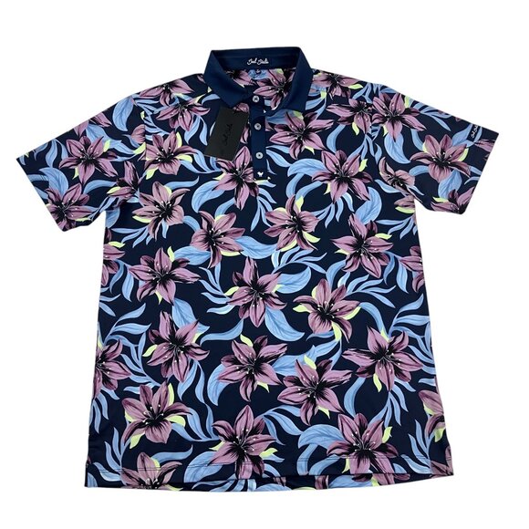 Bad Birdie Core Golf Polo Mens M, L, XL, SLIM FIT Violet Navy Floral NWT - Picture 3 of 7